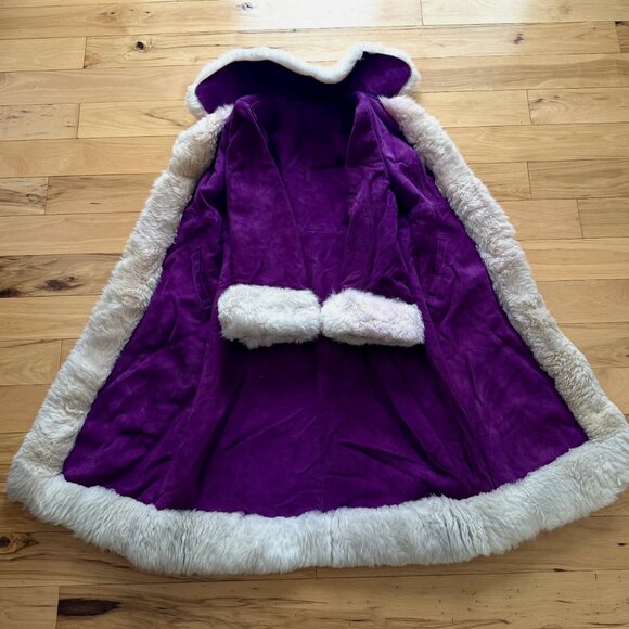 Purple Suede Sheepskin Shearling Leather Vintage Fur Penny Lane Long Maxi Coat S - Picture 2 of 12